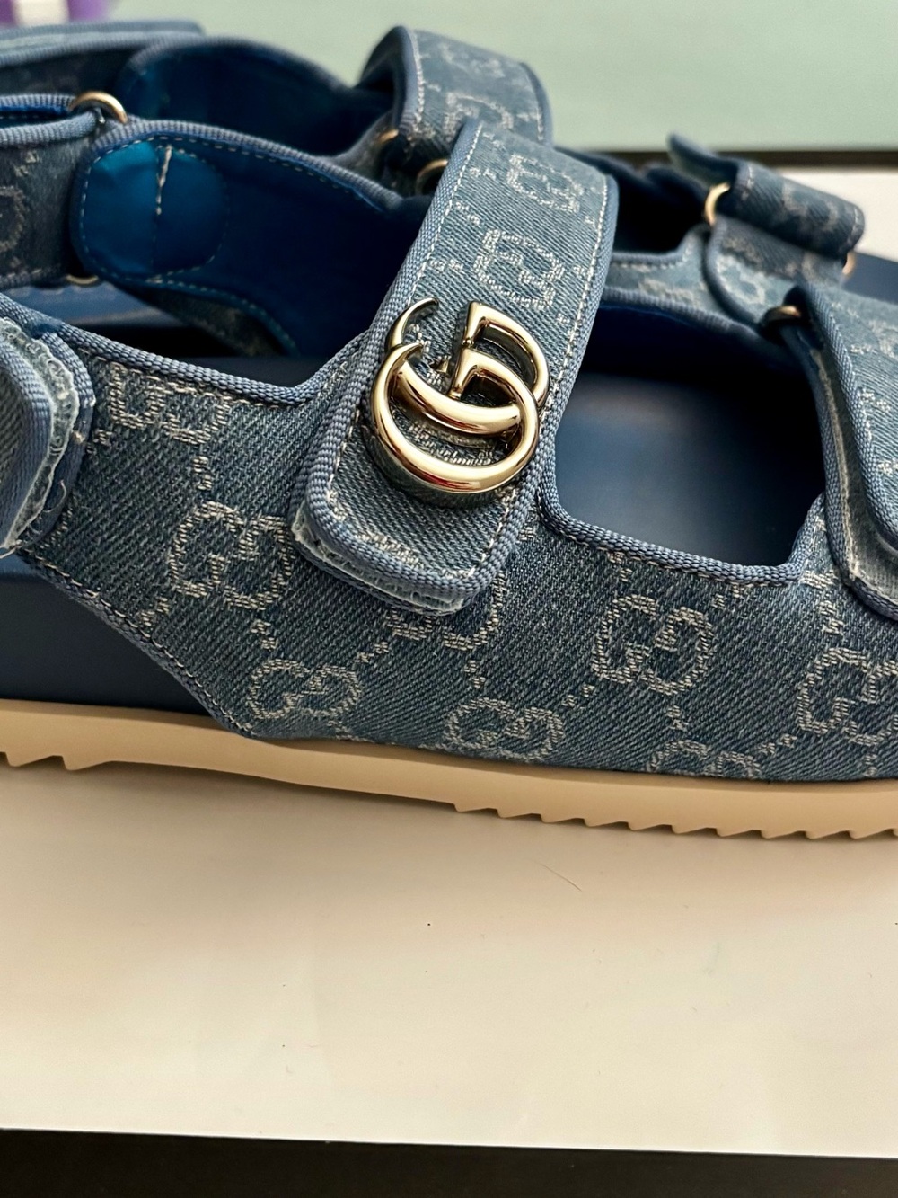 Brand New !! Denim GG Logo Double-Strap Sandals - Blue - Picture 4 of 7
